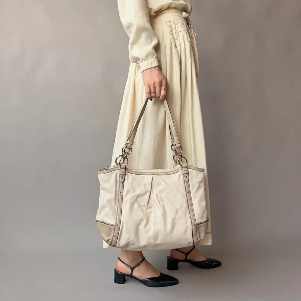 Vintage Coach Alexandra F20812 Cream & Taupe Leather Shoulder Tote
